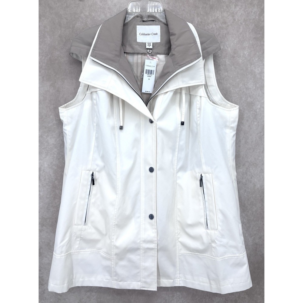 Coldwater Creek Hooded Vest 1X Ivory Snap Front Water Resistant Lightweight NWT